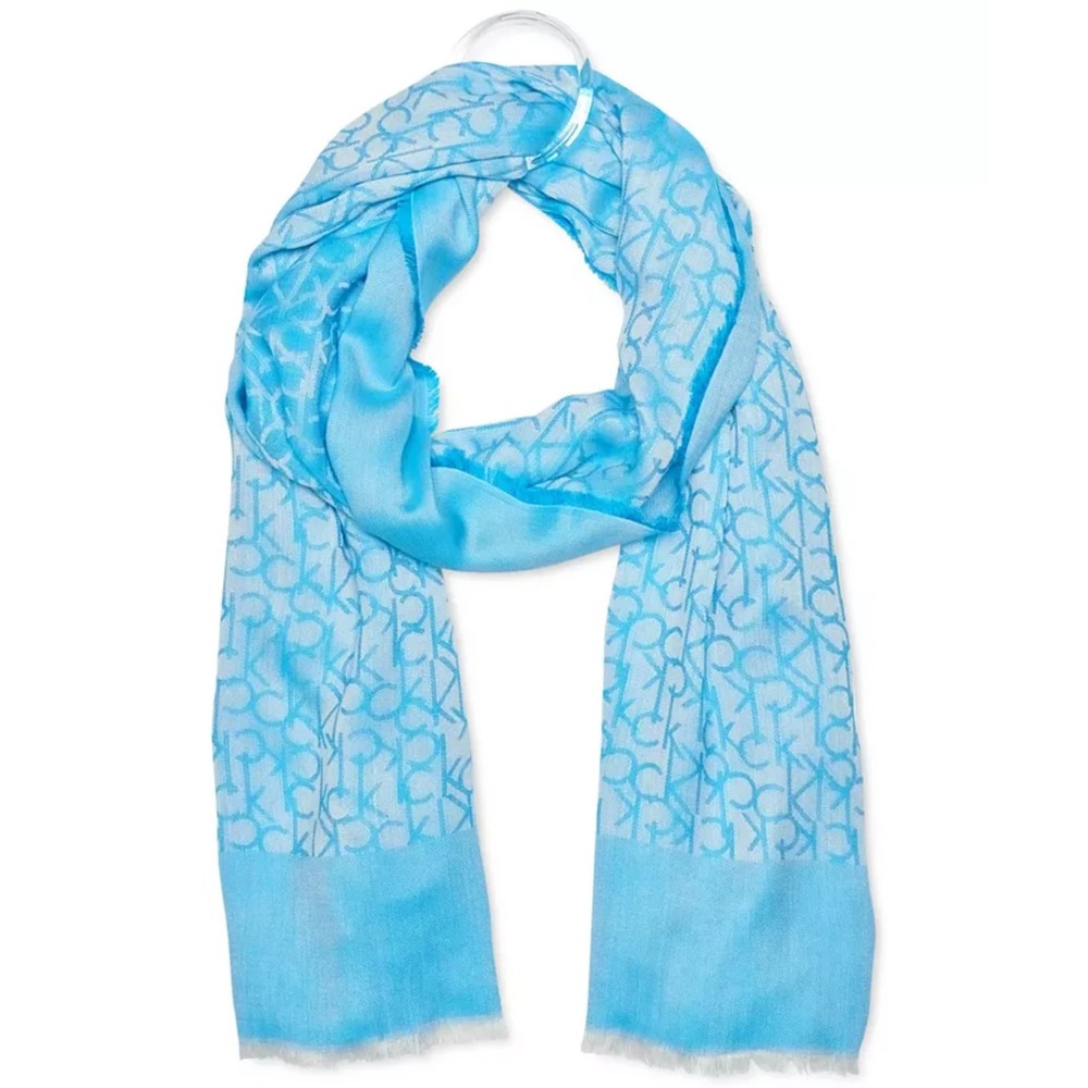 Calvin Klein NWT Chambray CK Border Scarf Fringe Raw Logo Two Tone One Size New